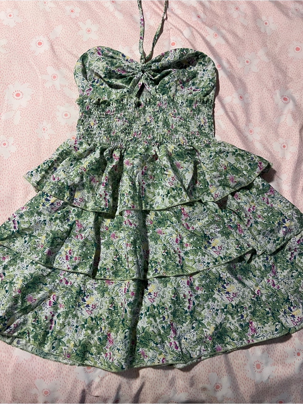 SHEIN Green Floral Tiered Halter Smocked Cut Out Dress Juniors Large